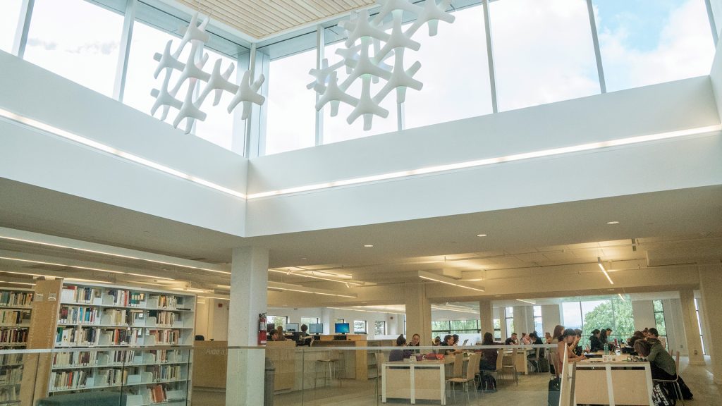 deuxième étage de la bibliothèque avec flocons suspendus